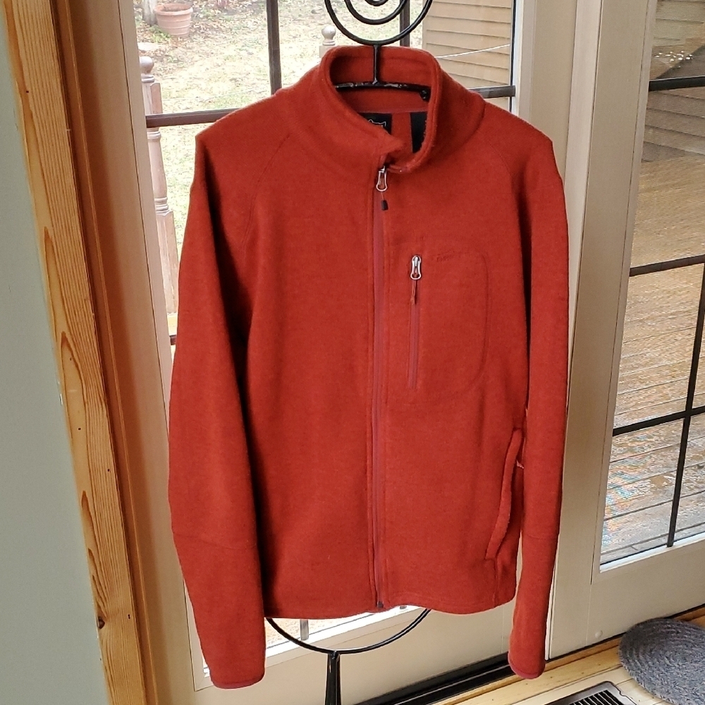 Orvis Trout Bum Embroidered Full Zip Burndt Orange‎ Sz M Cardigan Jacket Pockets